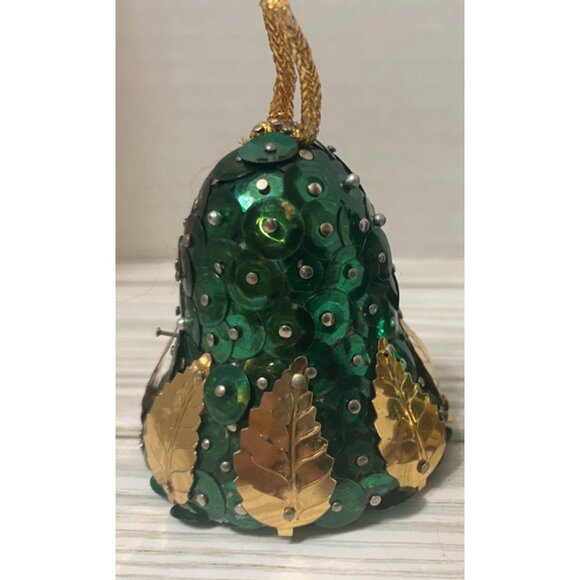 Vintage Handmade Sequined Bell Ornaments Set Of 4 Gold & Green Christmas - Picture 4 of 6